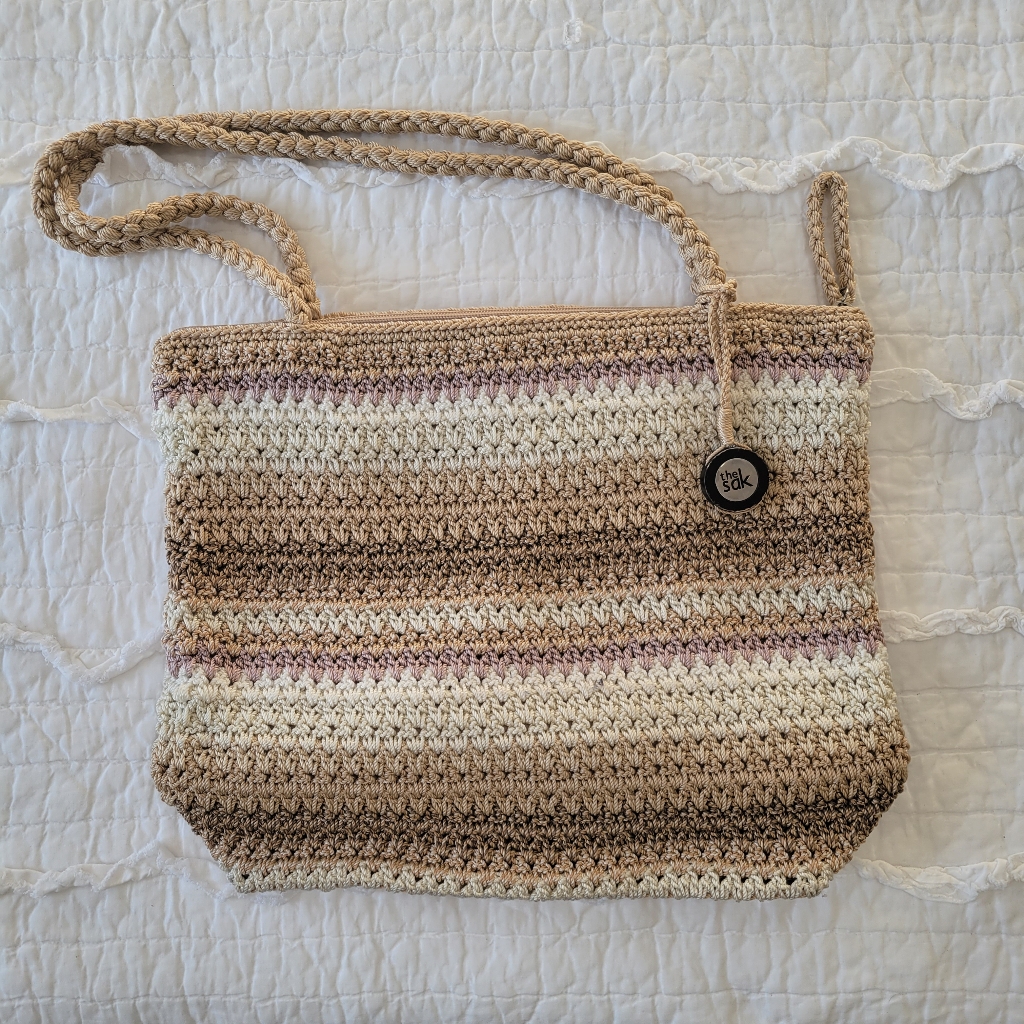 The Sak Crochet Classic Carry All Mauve Beige Stripes Tote Like New Condition